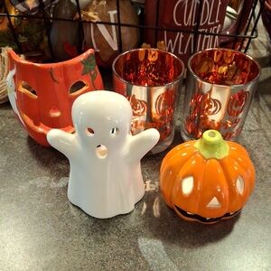 Halloween Ghost and Pumpkin Candle Holder Decor Set